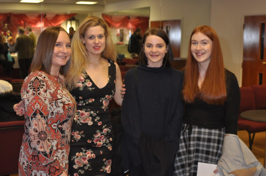 Above: Choir vocal coach, organist and production assistant NATALIE ANNE OWEN and (2nd and 4th from left ) Encore Films Choir members LAIA MARTINEZ RUBIR and LARA COOPER-CHADWICK, with Lara’s fiend, Breanna